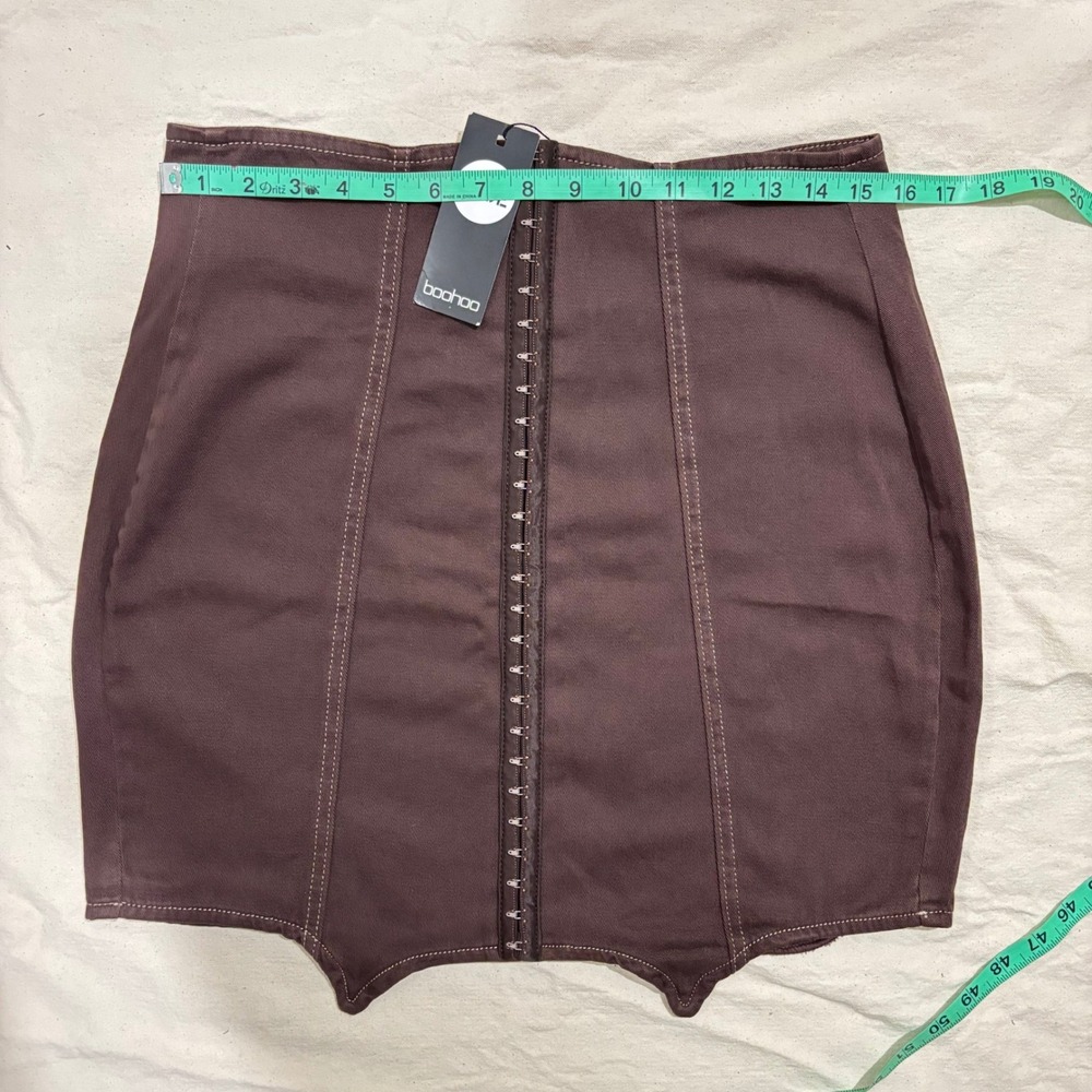 Boohoo Blue Chocolate Brown Corset Hook & Eye Denim Mini Skirt US 10 NEW - Picture 5 of 6